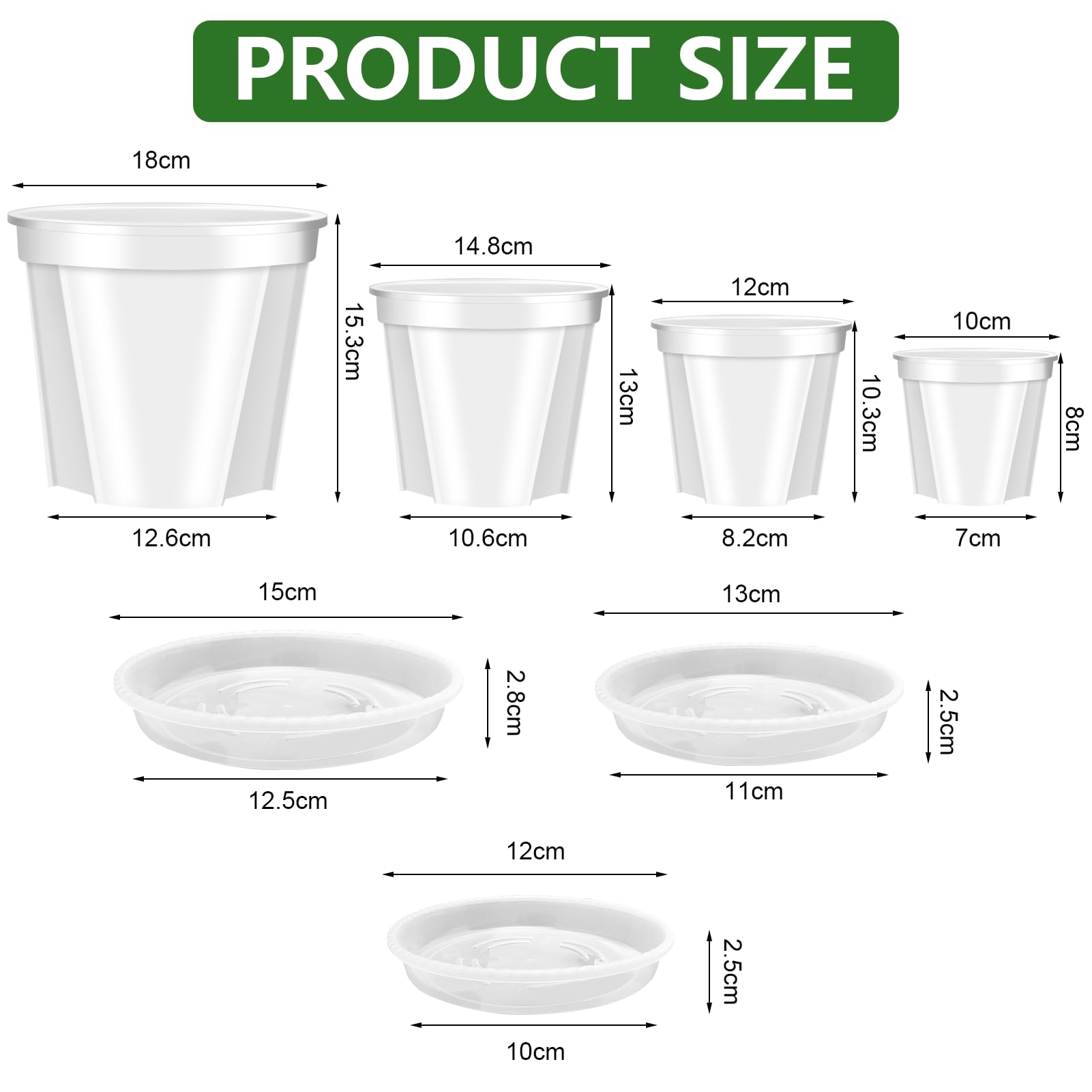 Transparente Pflanztöpfe für Pflanzen, 10/12/15/18cm Blumentöpfe aus Kunststoff mit Abflusslöchern, 8er-Pack Gartentöpfe, Saat-Starter-Töpfe mit Tablett und 10 Pflanzenetiketten