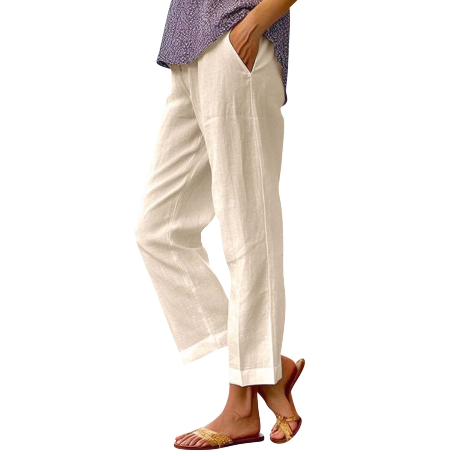 Cotton Linen Pants Women Summer Elastic Straight Leg Pants Plus Size Wide Leg Crop Pants Beach Trousers with