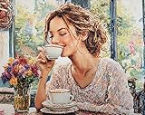 XDEGHUANGSS Kit de punto de cruz premium,Señora tomando café,Set de bordado estampado 11CT,16x20 pulgadas,kit de manualidades DIY completo con hilos e instrucciones fáciles de seguir