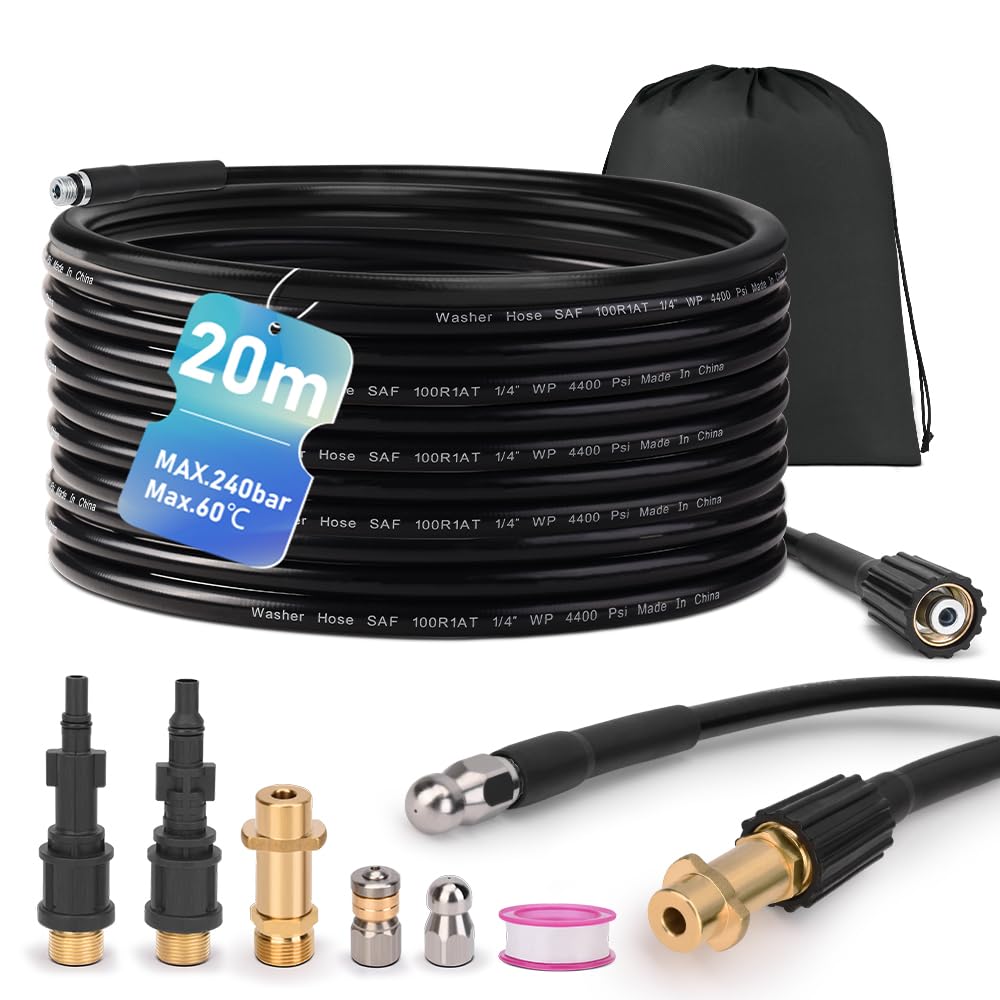 XIIW Sonda Sturatubi Idropulitrice 20m Compatibile con K2-K7, LAVOR, BOSCH | Tubo 240bar con 3 Adattatori, Dotato di Ugelli Rotanti e Fiss, Kit Tubazioni per la Pulizia e Disostruzione Tubi Scarico