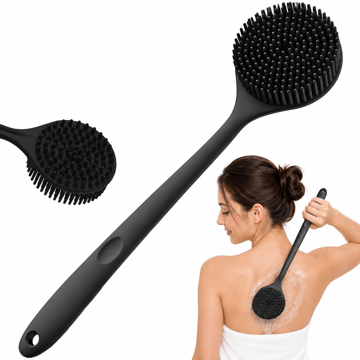 Soft Silicone Back Scrubber with Long Handle for Shower & Bath | Flexible Exfoliating Brush with Gentle Bristles for Smooth Skin | Body Scrubber for Men, Women & Boys | Ideal for Body Wash & Bathing (BLACK)
