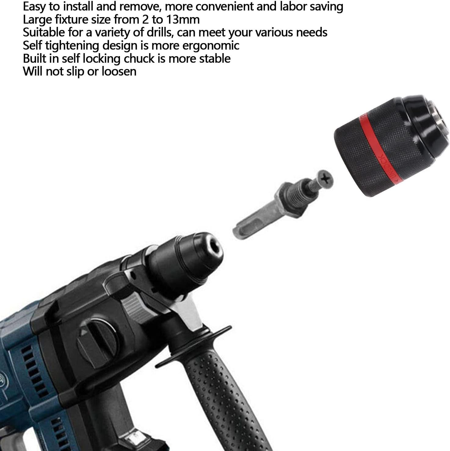 Drill Chuck, Drill Chuck for Impact Driver, Self Tighten Drill Chuck for Hand Electric Drills 1/2‑20UNF Mount Power Tool Parts Accessories