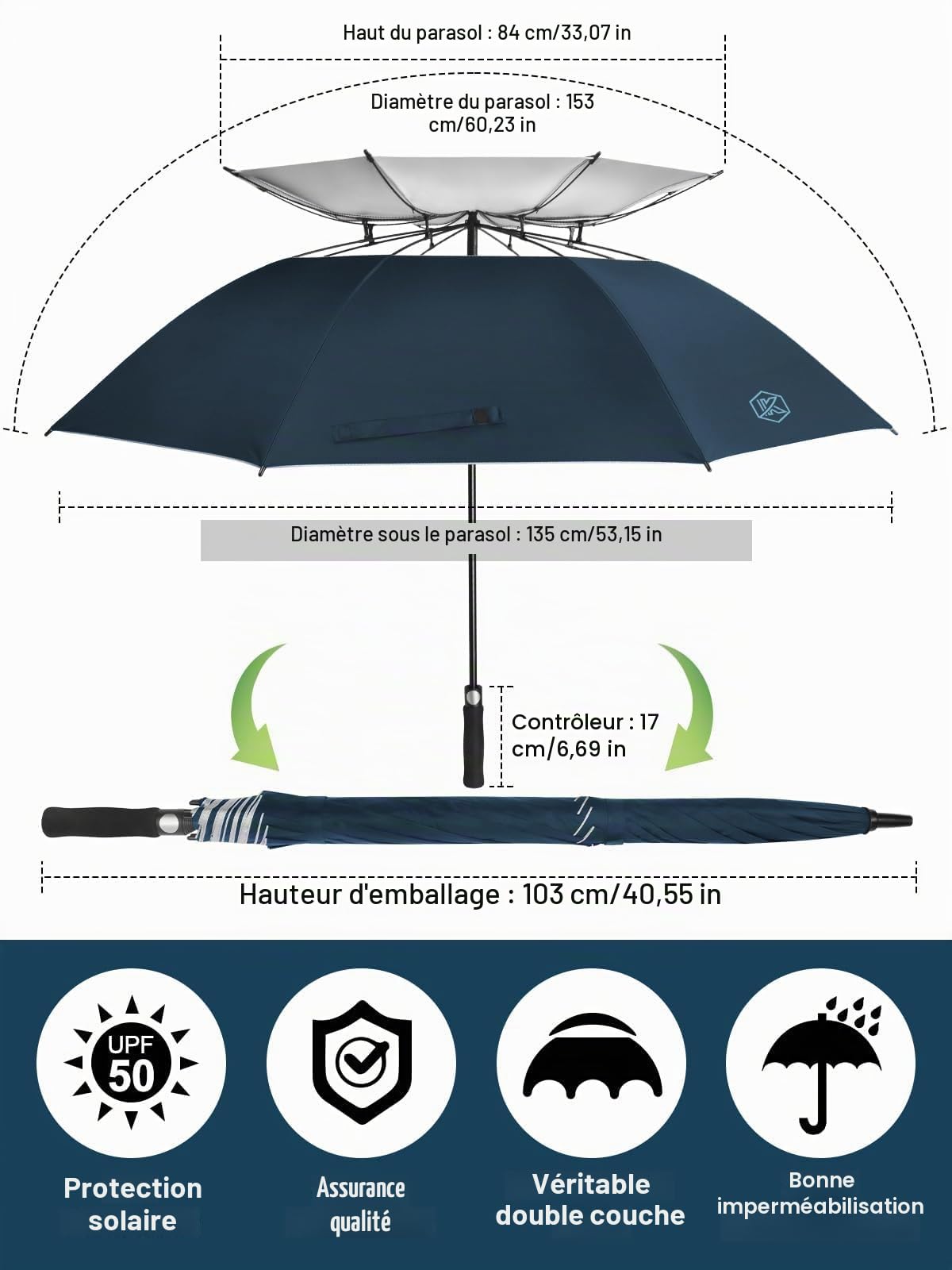 Kalolary 62 pouces Grand Parapluie de Golf avec Protection UV UPF 50+, Parapluie Automatique à Double Couche Ventilée et Résistant Au vent, Parapluie Extra Large pour Homme Femme (