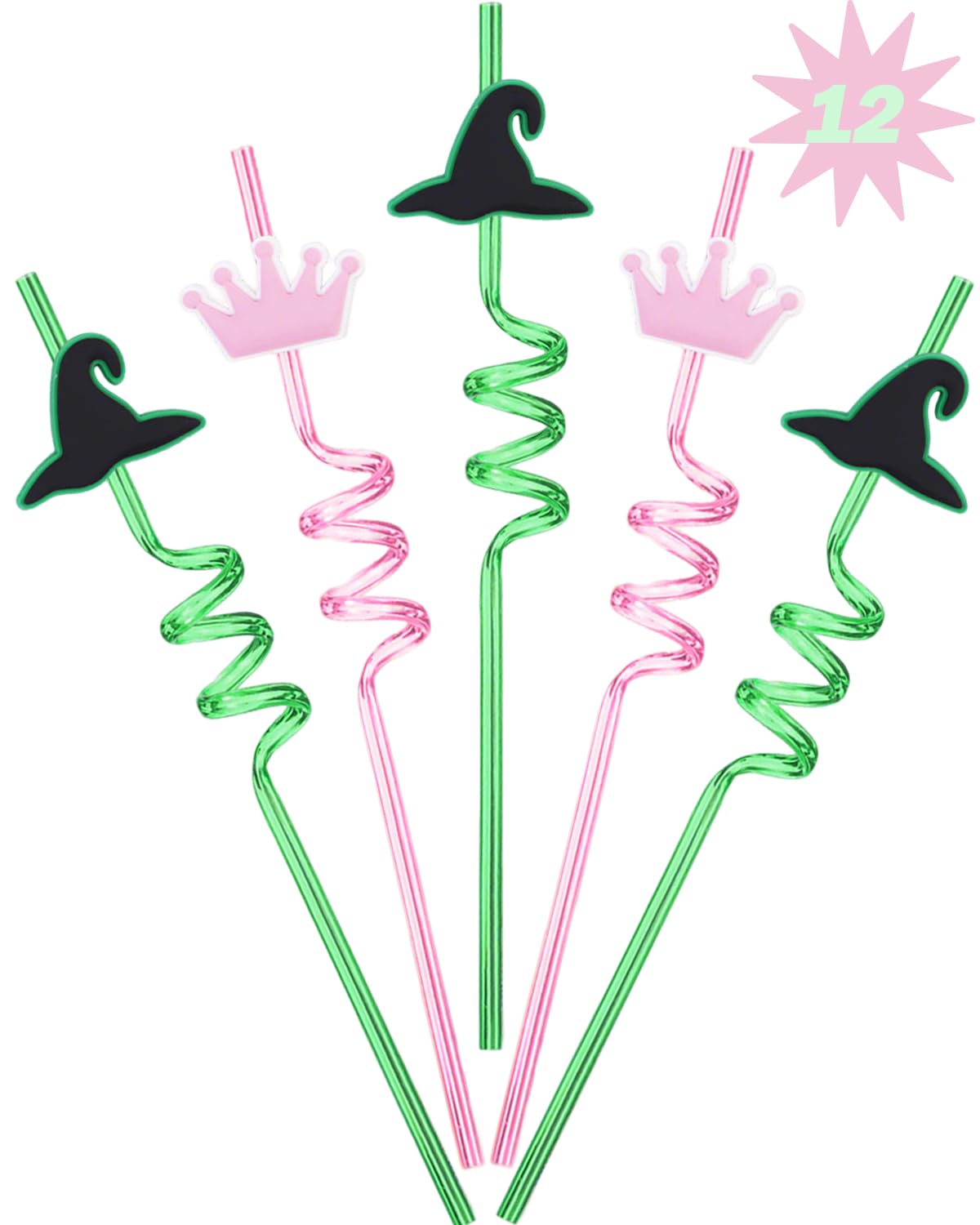 12 Pack Witch and Crown Reusable Plastic Drinking Straws Wicked Party Favors Fun Witch Straws Pink and Green Themed Party Decor Birthday Supplies
