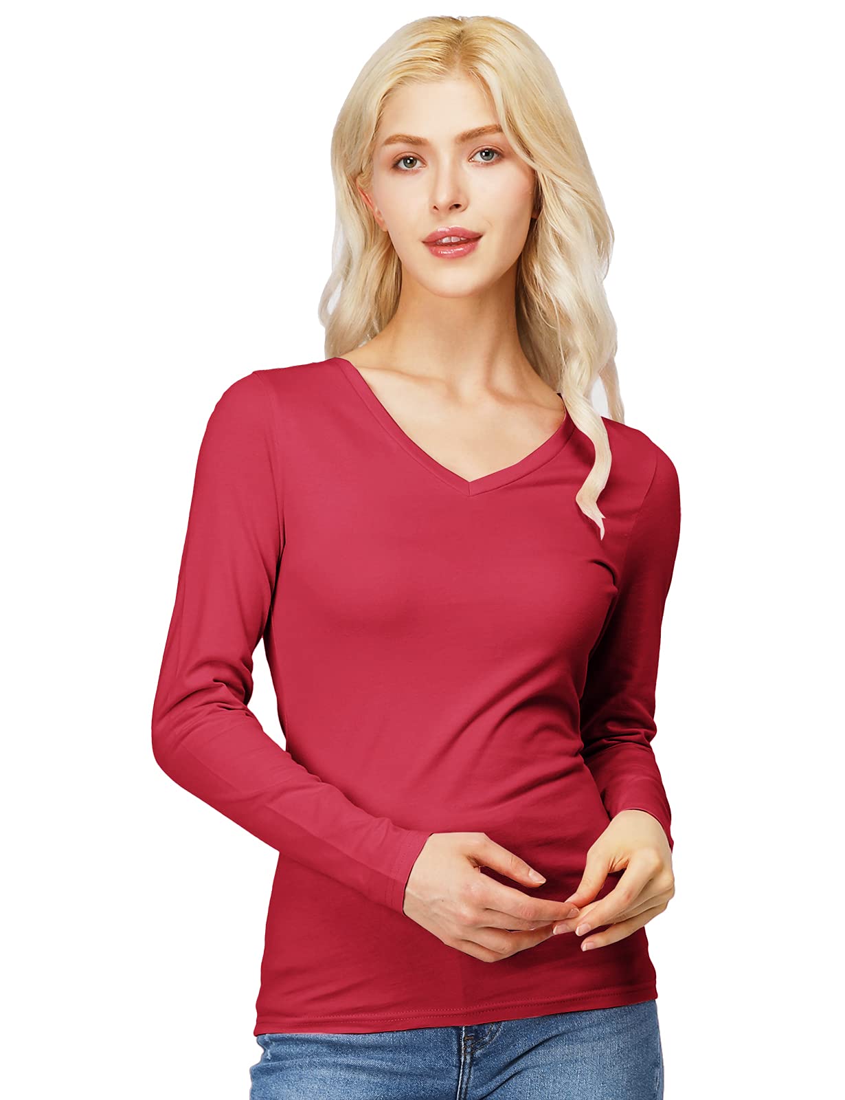 Womens Slim Fit Tshirt Cotton Blended Long Sleeve with V Neck Type