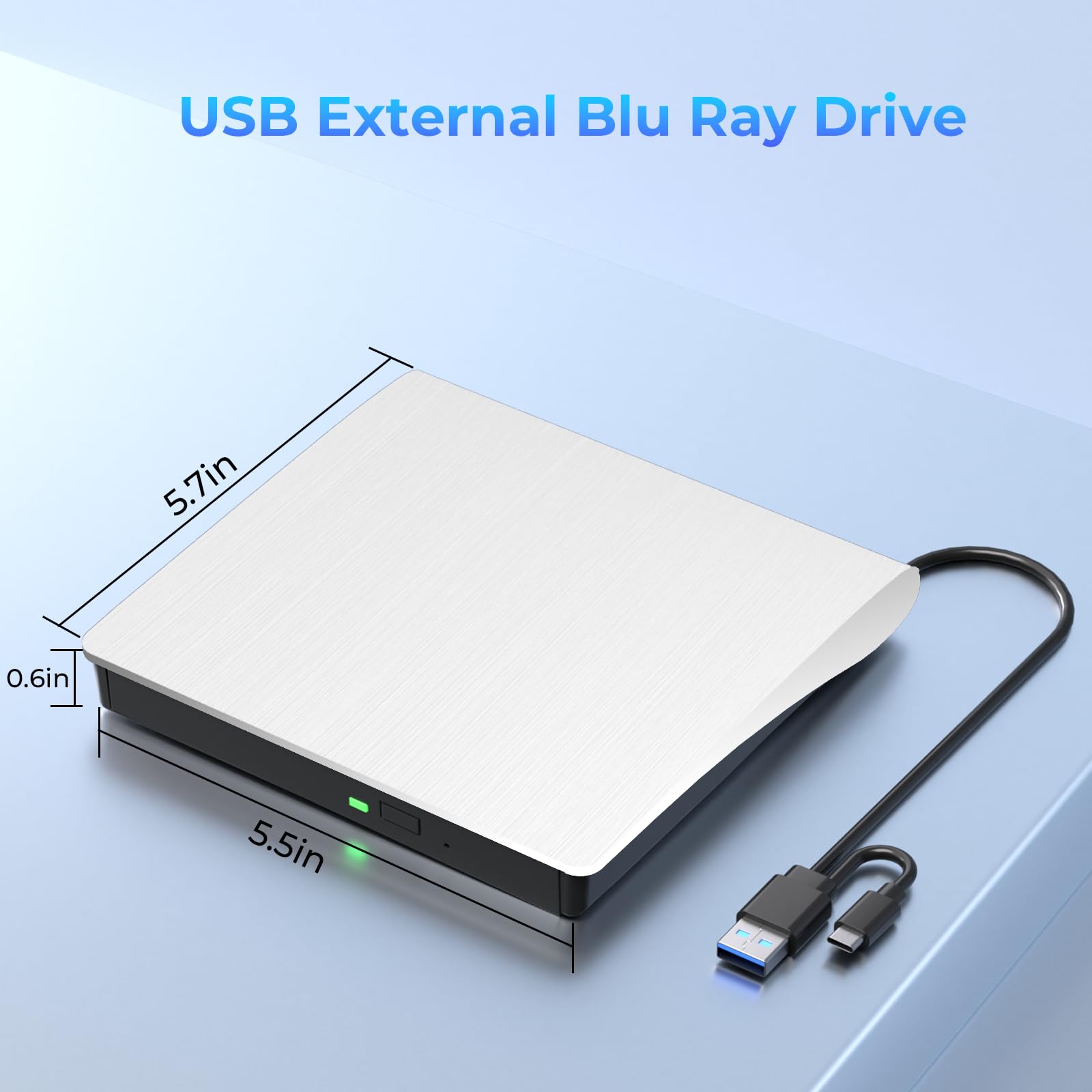 Yaeonku Lecteur Blu-ray externe blanc, prend en charge les disques Blu-ray 50 G de lecture/écriture, graveur Blu-ray 3D portable avec USB 3.0 et Type-C, convient pour Windows XP/7/8/10/11 MacOS pour