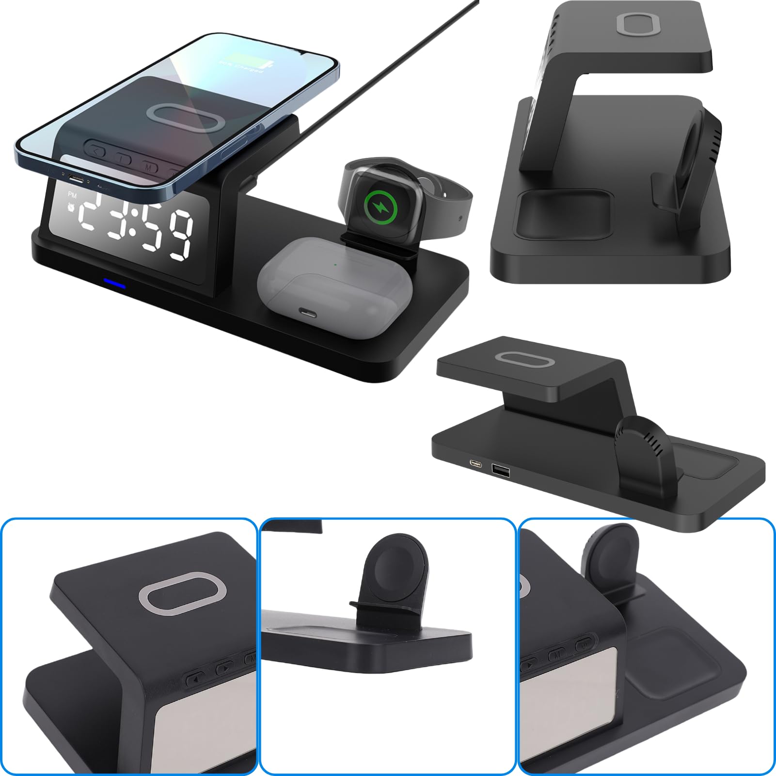 Caricabatterie Wireless Stazione di Ricarica Induttiva 3 in 1 Sveglia per Telefoni Cellulari Smartwatch Cuffie, Caricabatterie Wireless Compatibile con Potenza in Uscita 15W