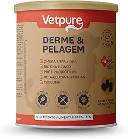 Derme e Pelagem, Suplemento Alimentar para Cães, Ômega 3 EPA + DHA, Biotina e Zinco, Pré e Probióticos, Beta-Glucana e Fibras, Cúrcuma, 60 Tabletes Mastigáveis