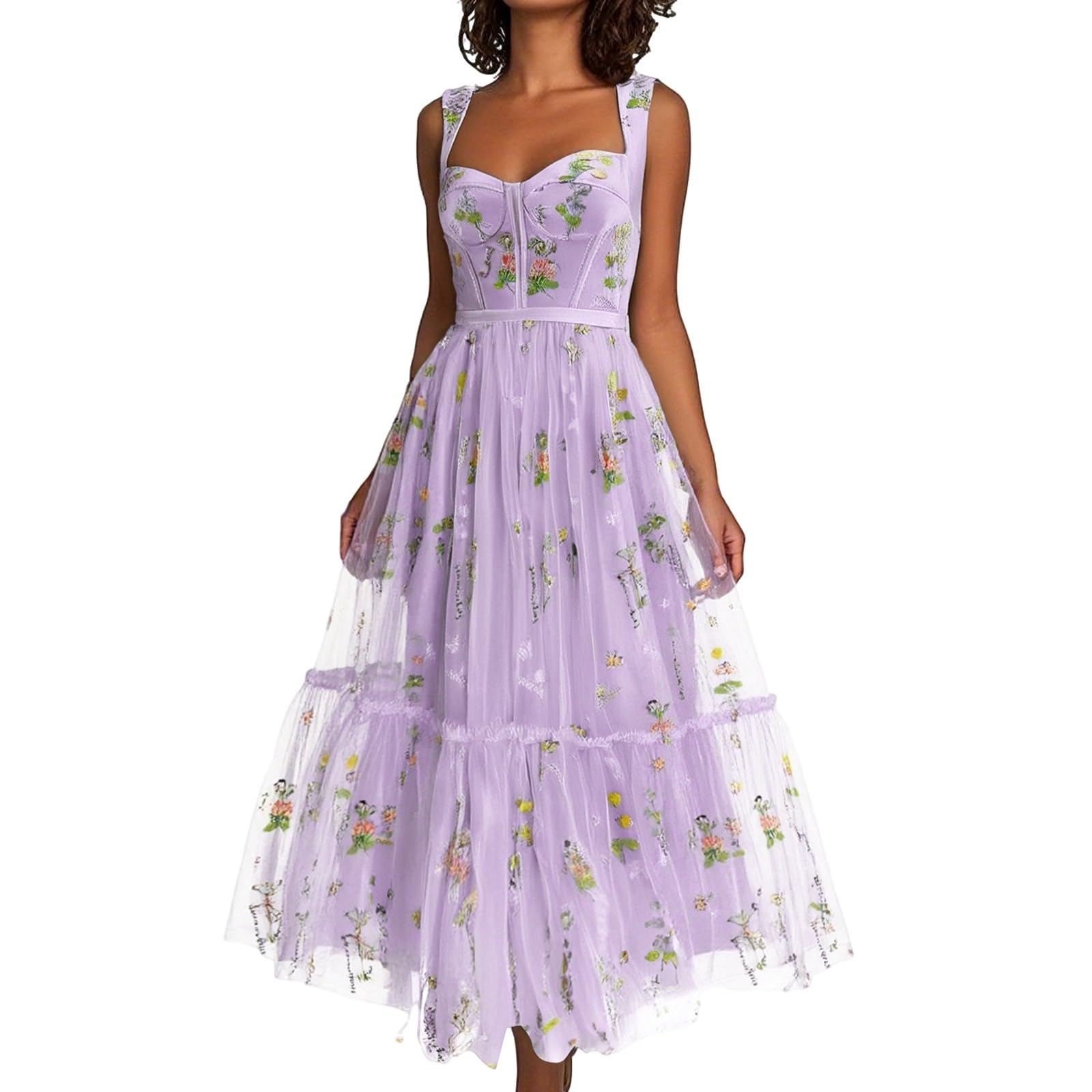 Generisch Abito da donna con ricamo floreale in tulle, corsetto, spalline sottili, abito da sposa, abito da sera formale, abito da festa, abito da cocktail, abito da damigella d'onore