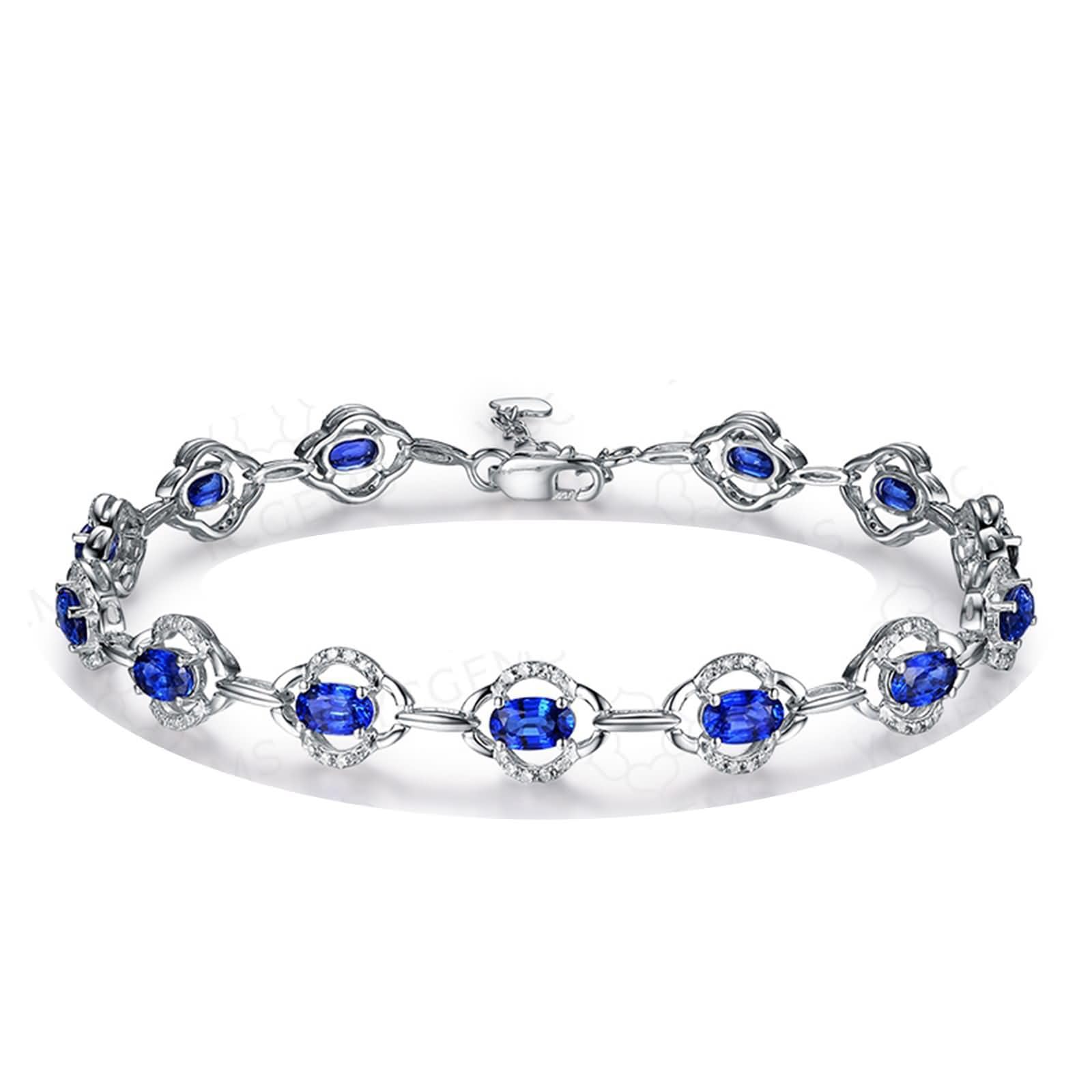 Pulseras Mujer de Oro Blanco 9K / 14K / 18K, Hueco y Oval con Zafiro y Diamante, Cadena Extensible 16 CM + 5 CM, Pulseras de Ajustable Mujer de Plata Azul