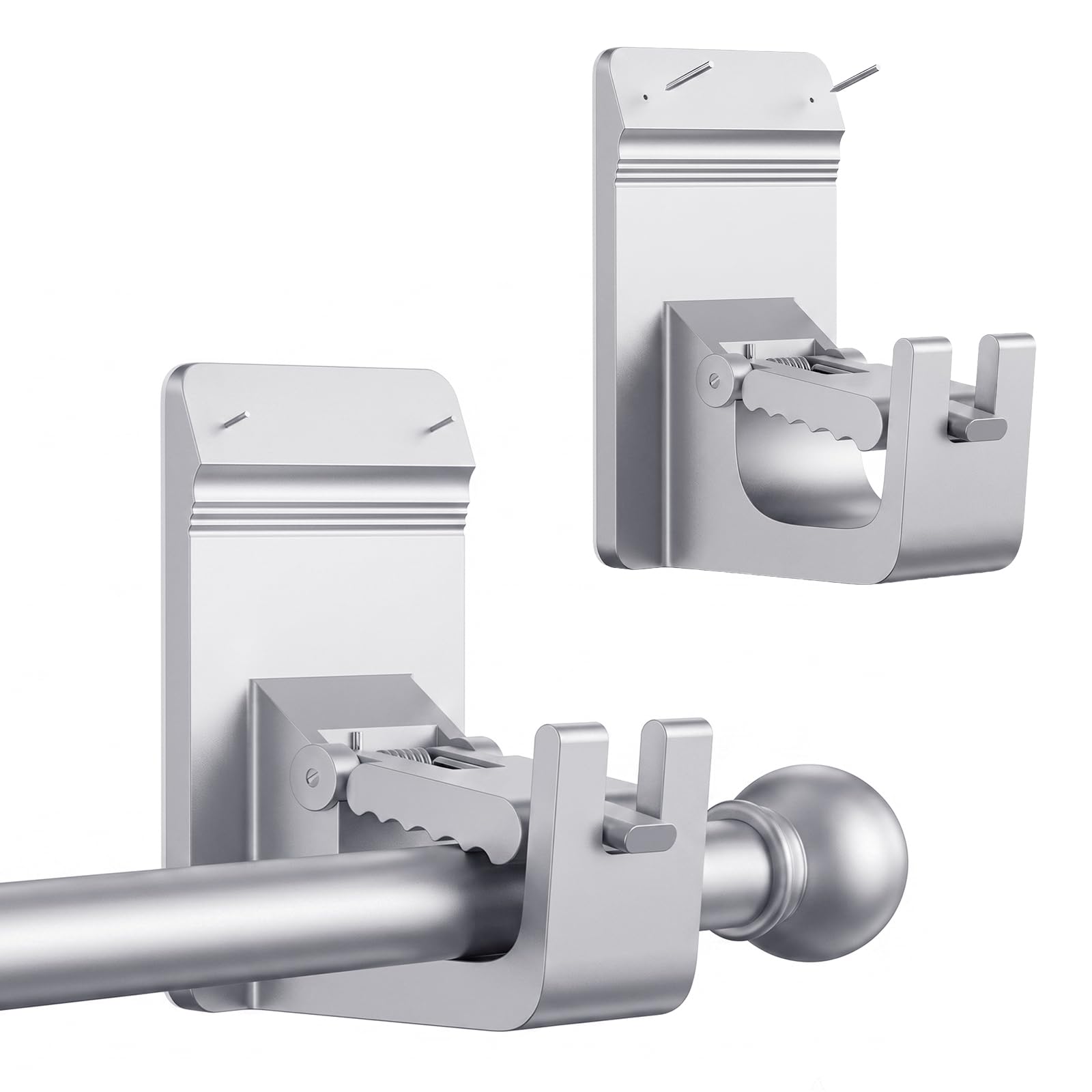 Universal Heavy Duty Curtain Rod Brackets, No Drill Curtain Rod Brackets with Adhesive & Invisible Nail, 30+LB Load Curtain Rod Holders, Damage Free Curtain Rod Hooks for Wall, Bathroom, Kitchen 2PC