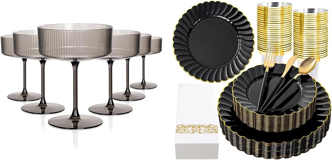 Ciaell 12PCS Plastic Ribbed Martini Glasses - 10 Oz Black Disposable Coupe Glasses with Stem and 175 PCS Black Scalloped Plastic Plates with Gold Trim for Thanksgiving & Parties & Weddings & Poolside