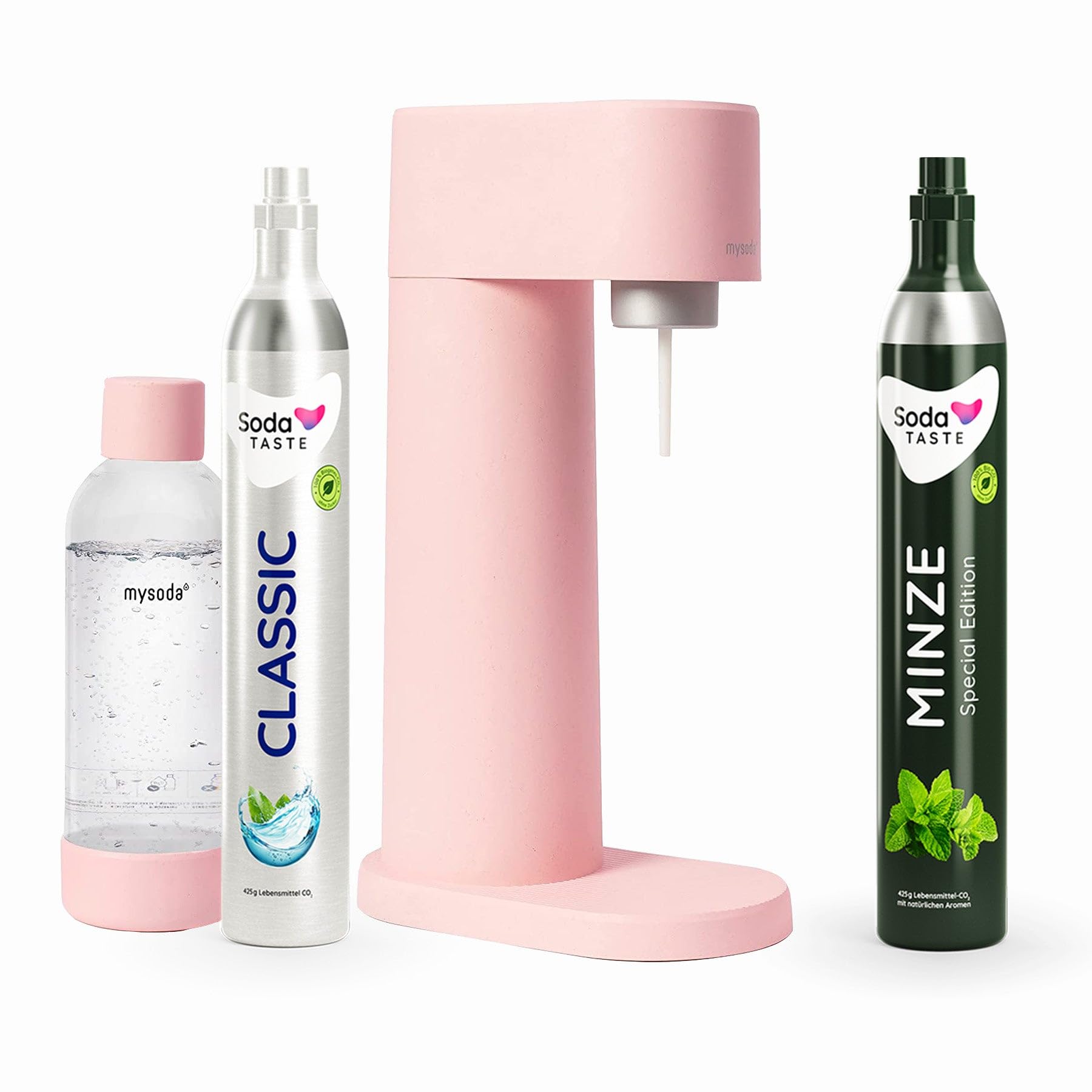 SodaTASTE Sparpaket: Mysoda Woody - Wassersprudler aus erneuerbarem Holzkomposit mit 1L BPA-freier Plastikflasche, CO2-Zylinder Classic + CO2-Zylinder Minze (Rosa)