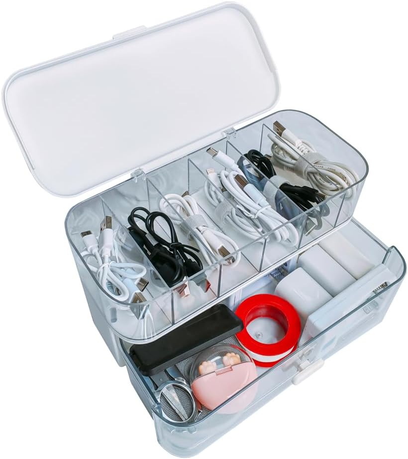 2 Pack Charger Cable Cord Storage Organizer Box, Plastic Flip-Top Cable Organizer Box and Drawer Charger Storage Box, USB Cable/Charger Organizer Boxes, Stackable Plastic Case
