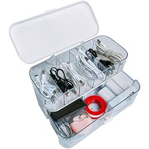 2 Pack Charger Cable Cord Storage Organizer Box, Plastic Flip-Top Cable Organizer Box and Drawer Charger Storage Box, USB Cable/Charger Organizer Boxes, Stackable Plastic Case
