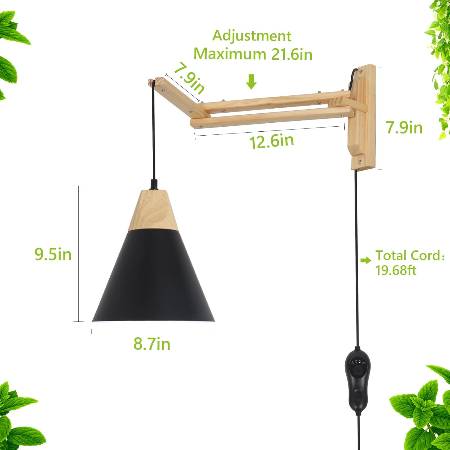 HMVPL Hanging Grow Lights for Indoor Plants Full Spectrum, Plant Light for Indoor Growing with 20W COB Grow Light Bulb, Wall Mounted Grow Light with Swing Arm, 4/8/12H Timer for Large Small Plant