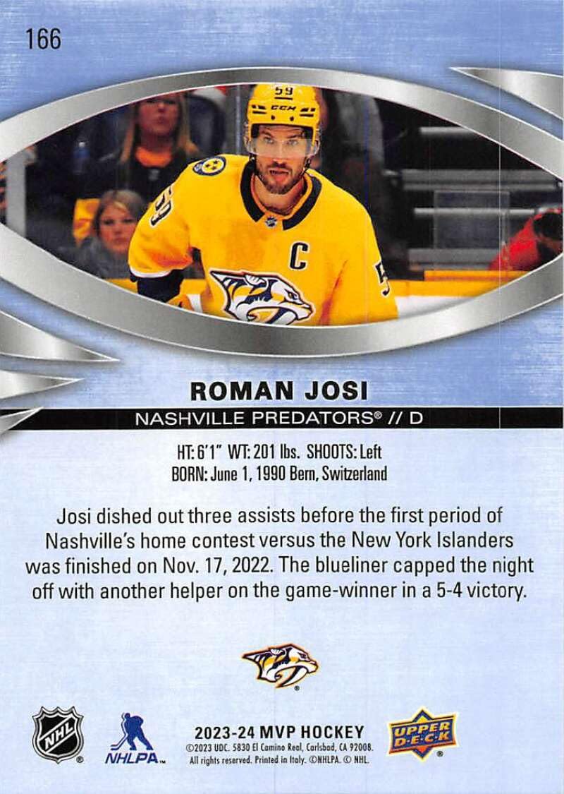 Amazon.com: 2023-24 Upper Deck MVP #166 Roman Josi Nashville