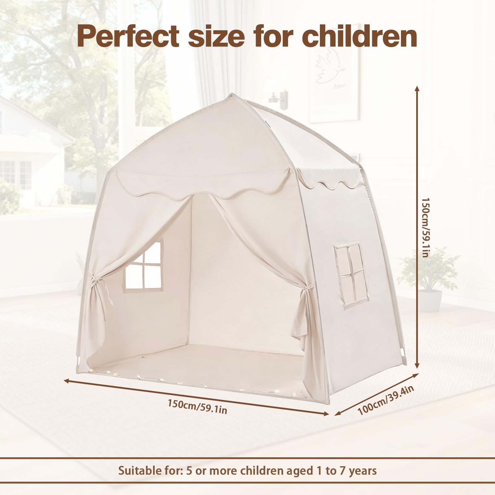 Kinderzelt Indoor Spielhaus Kinder Tipi Zelt für Kinder - Großes Spielzelt Kinder Indoor mit Lichterkette, Faltbar Kinderzelt für Kinderzimmer Oder Garten 150x100x150 cm (Beige)