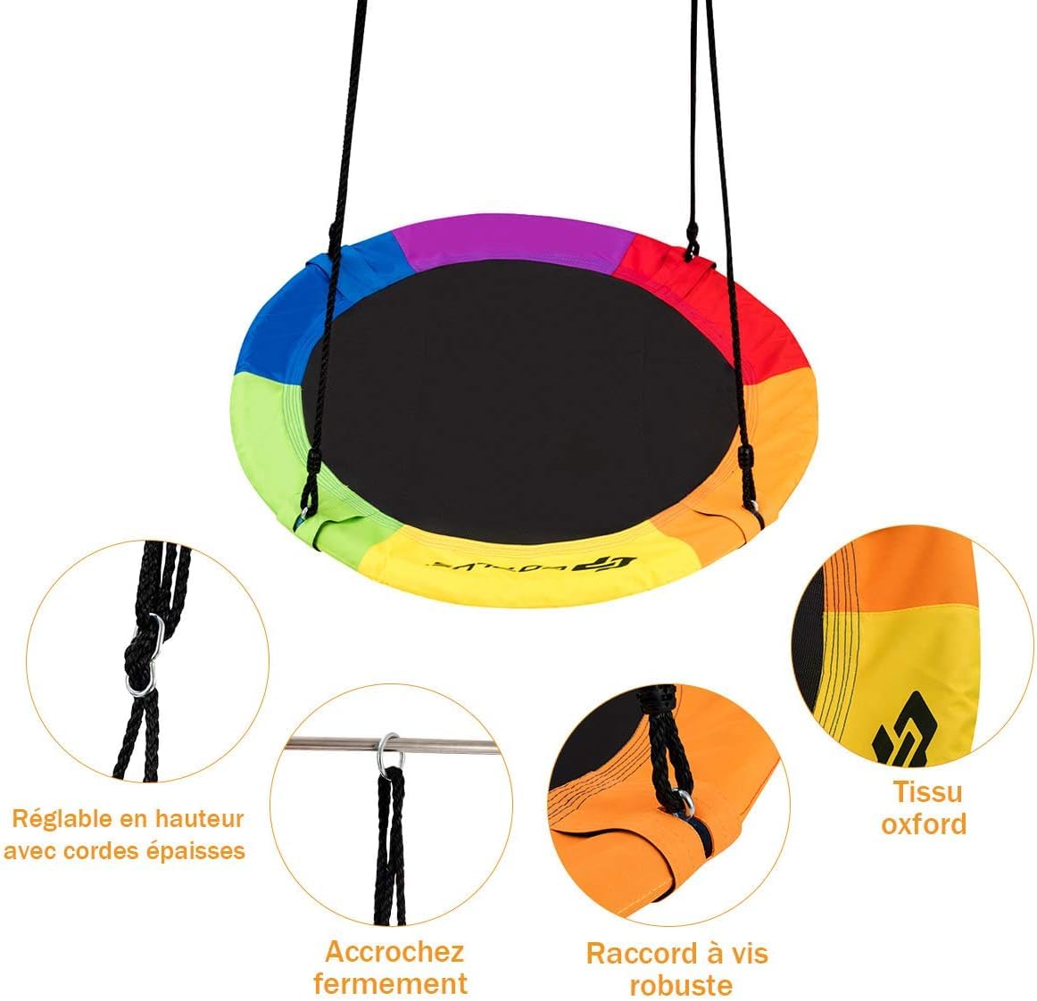COSTWAY Balançoire Nid d'Oiseau Ø 100cm Enfants avec Cordes Réglables (100-180cm), Balançoire Soucoupe en Tissu Oxford Intérieur Extérieur, Charge 150kg pour Enfants et Adultes