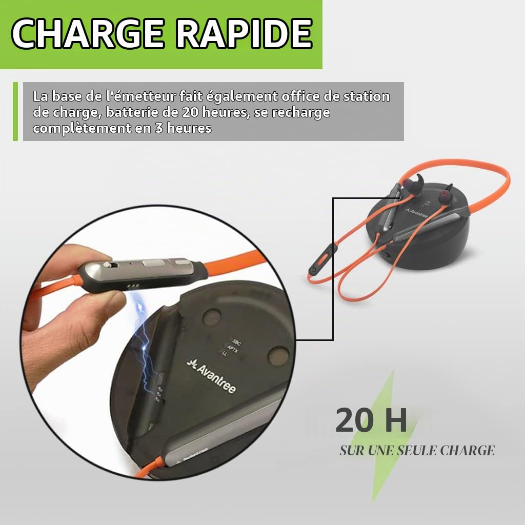 Avantree Medley Clear - Écouteurs sans-Fil télévision à émetteur Bluetooth et Station de Charge, Dialogues clairs, Volume amélioré, Connexion directe Barre de Son, Casque Tour de Cou TV, Batterie 20H