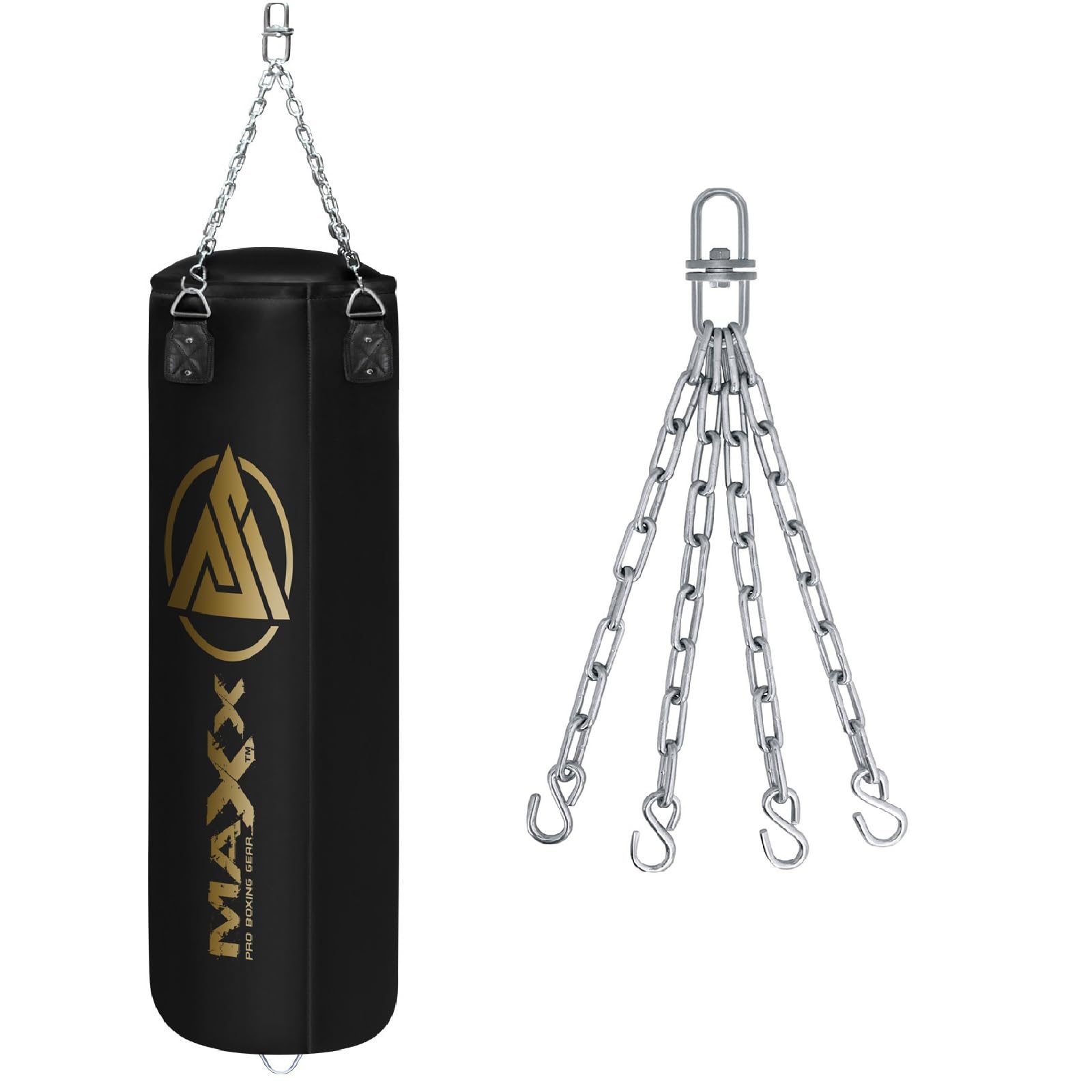 Punch Bag Boxing 6pcs Set 5ft Heavy Filled Punchbag Gloves Bracket, Hook Black Gold (4FT, Bag + Chain)