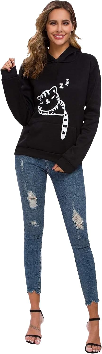 Women Teen Girls Hoodie Sweatshirt With Cute Cat Ear and Sleeping Cat Printed Pullover - Image 5
