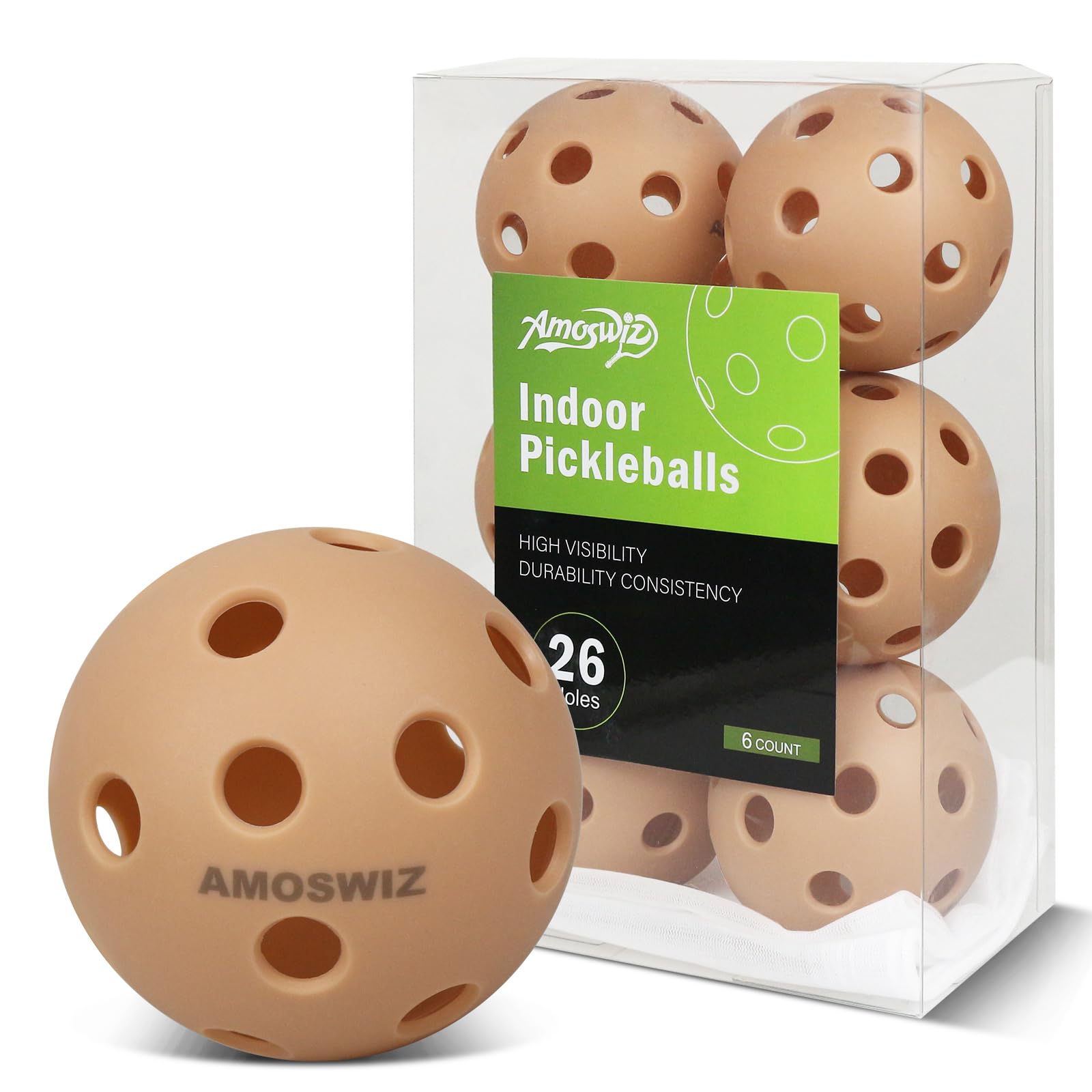 Amoswiz Indoor Pickleball Balls, 6 Pack of 26 Holes Pickleballs, USAPA Approved Indoor Pickleballs Set, High Visibility Durable Pickle Balls for Training and Tournament, Light Brown โ image 1