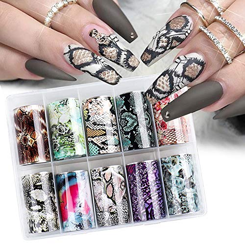 Macute Snake Skin Nail Foil Transfer Stickers, 10 Rolls Cool Python Leopard Print Nail Foils Nails Art Supplies Laser Starry Sky Fashion Foils for Women Nail Art Decorations Manicure Tips Designs