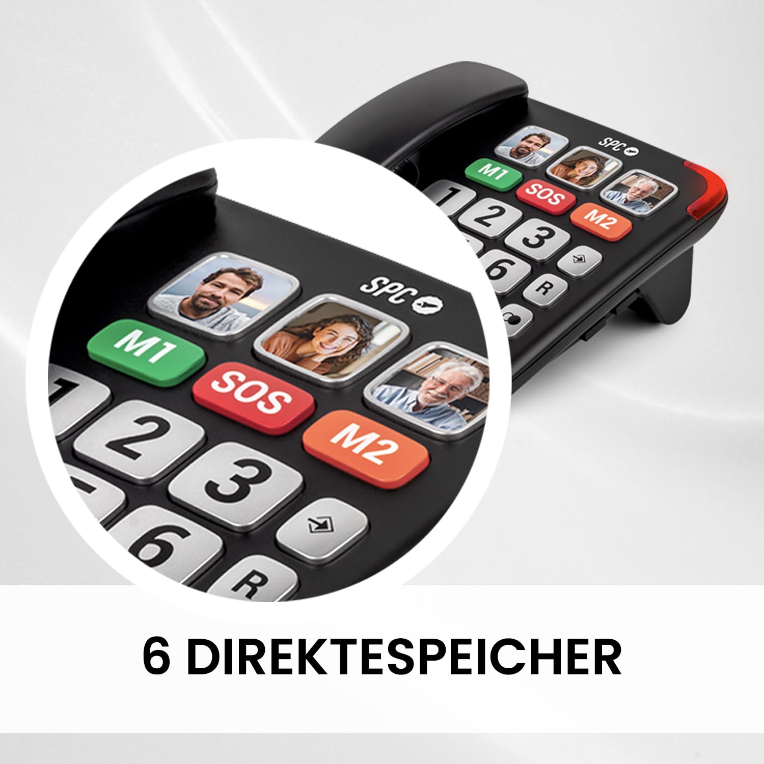 SPC Comfort Numbers Pro - Senioren-Festnetztelefon mit großen Tasten und lautem Klingeln | Verstärkbare Anruflautstärke +20dB | 6 Direktspeicher, Freisprechen | Hörgerätekompatibel – Schwarz