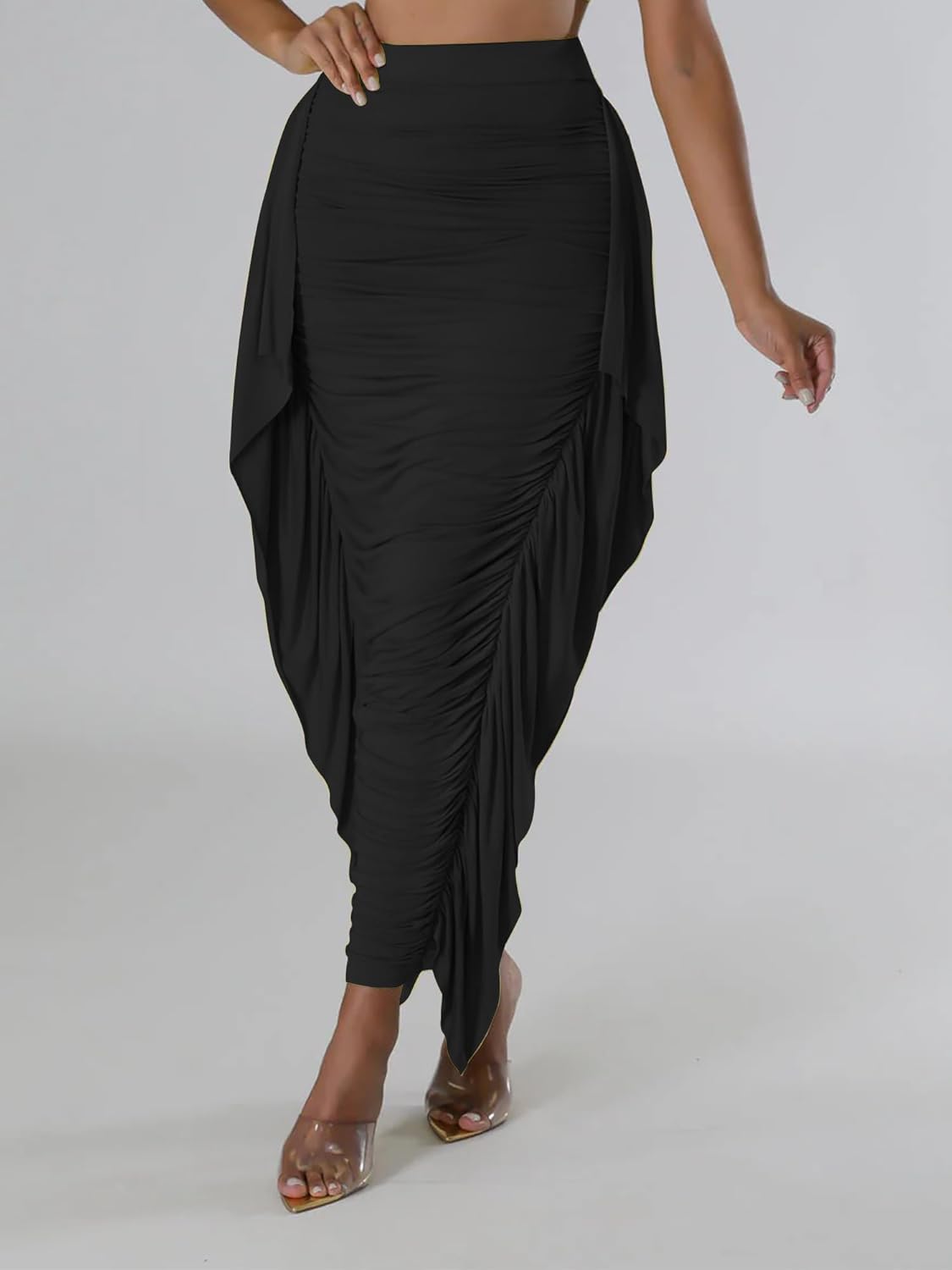 Lrady Women High Waist Ruched Bodycon Side Ruffle Tassles Fringe Pencil Casual Party Maxi Long Skirt - Image 3