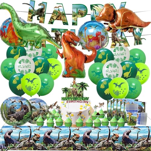 93 Pièces Vaisselle Dinosauro Anniversaire,Décoration Dinosauro Anniversaire,Serviettes de Table, Nappe, Assiettes