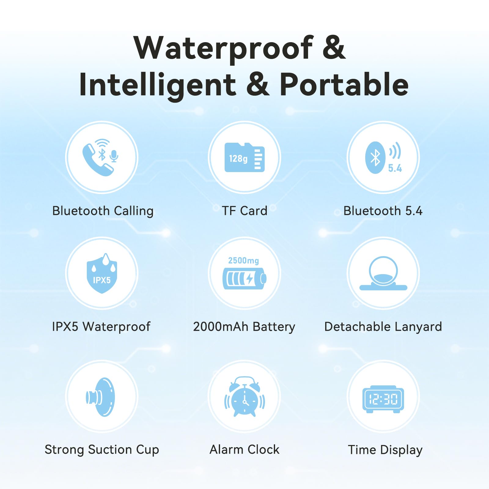 AGPTEK Duschradio Bluetooth 5.4 Badradio | mit Uhr, Lautsprecher, LED-Display & Wecker, IPX5 Wasserdicht Mini Radio for the Bathroom Radio mit Saugnapf & Aufhängeseil