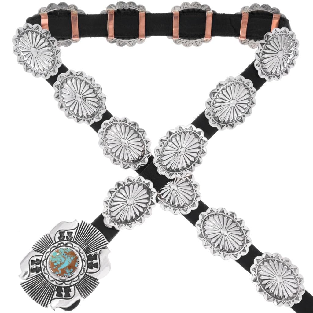 Alltribes Navajo Nevada Turquoise Sterling Concho Belt Traditional Hammered Silver Rocky Mountain Jeans Style on Genuine Leather 0048