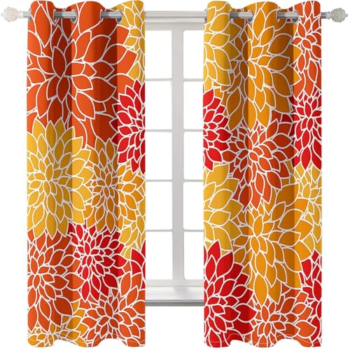 Homxi Cortinas Salon Blackout Modernas 2 Paneles,2 x 132W x 274H CM,Cortinas Balcón Ojales Patrón de Pétalos Cortina Cocina Ventana Rojo Amarillo