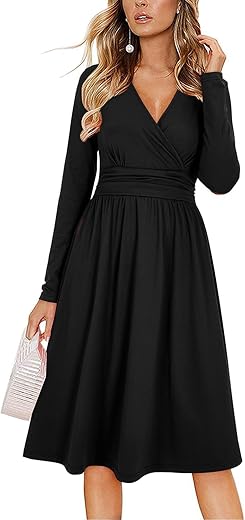 OUGES Women's Fall Dresses for Women 2023 Long Sleeve V Neck Teacher Outfits Maternity Dress with Pockets (Black,L)