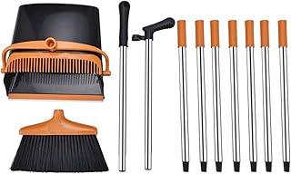 Porceosy Juego de escoba ajustable de alta resistencia para interiores y exteriores, juego de recogedor de cerdas rígidas, diseño de mango largo, hebilla desmontable con dientes raspados, color negro,