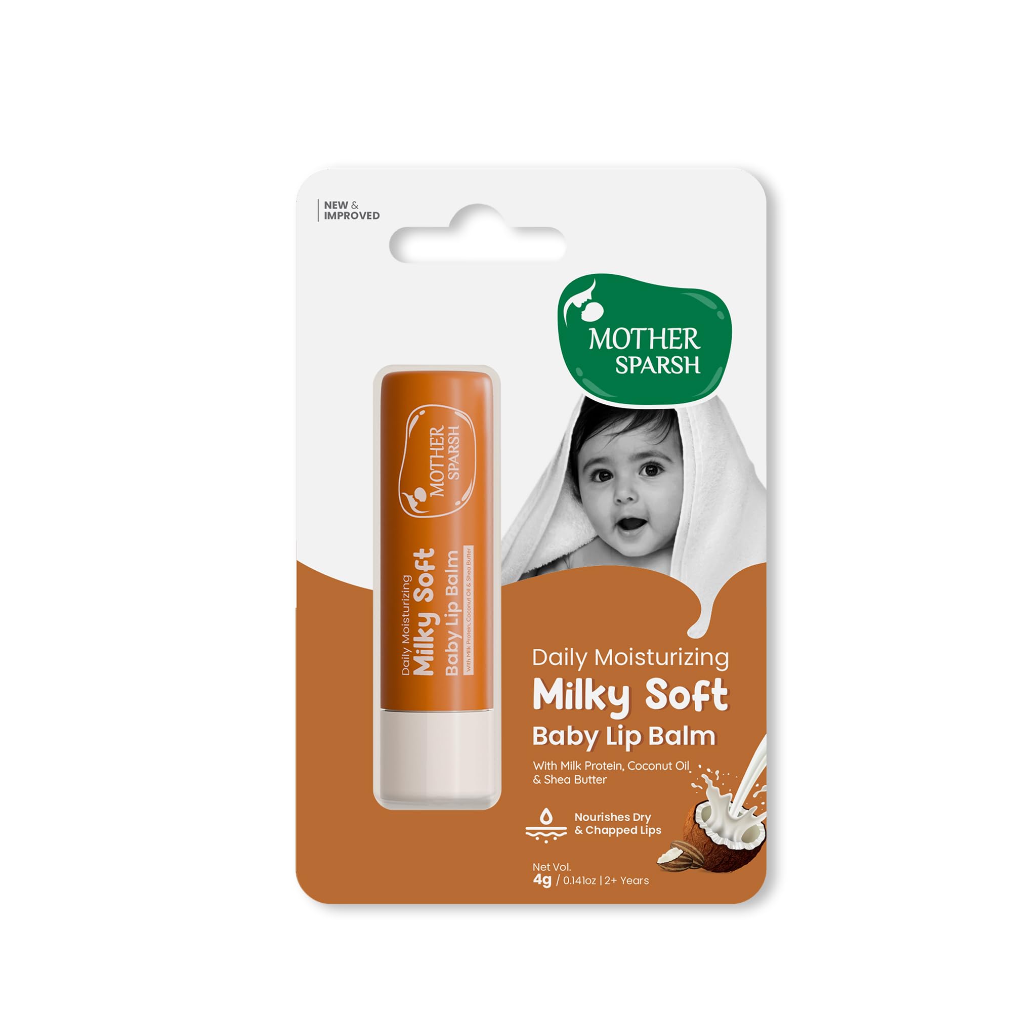 Mother Sparsh Milky Soft Baby Lip Balm for Nourishing Dry Chapped Lips | With Milk Protein, Coconut Oil & Shea Butter | Non-Sticky Lip Balm for Babies- 4gm