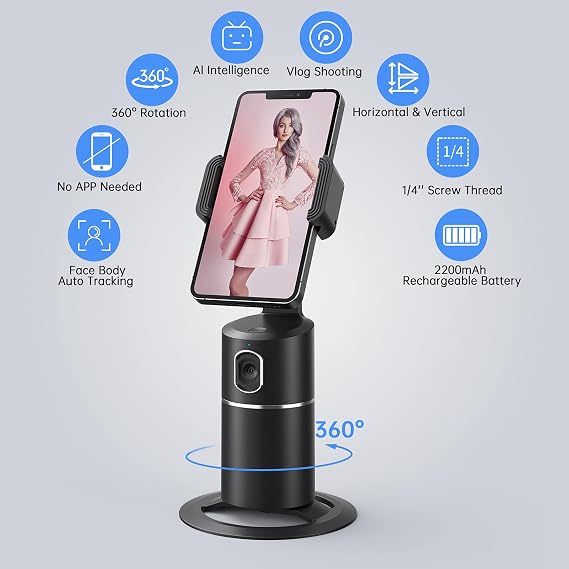 camrola Auto Face Tracking Phone Holder, No App Required, 360 Rotation Face Body Phone Tracking Tripod Smart Shooting Camera Mount for Live Vlog Streaming Video, Rechargeable Battery-Black