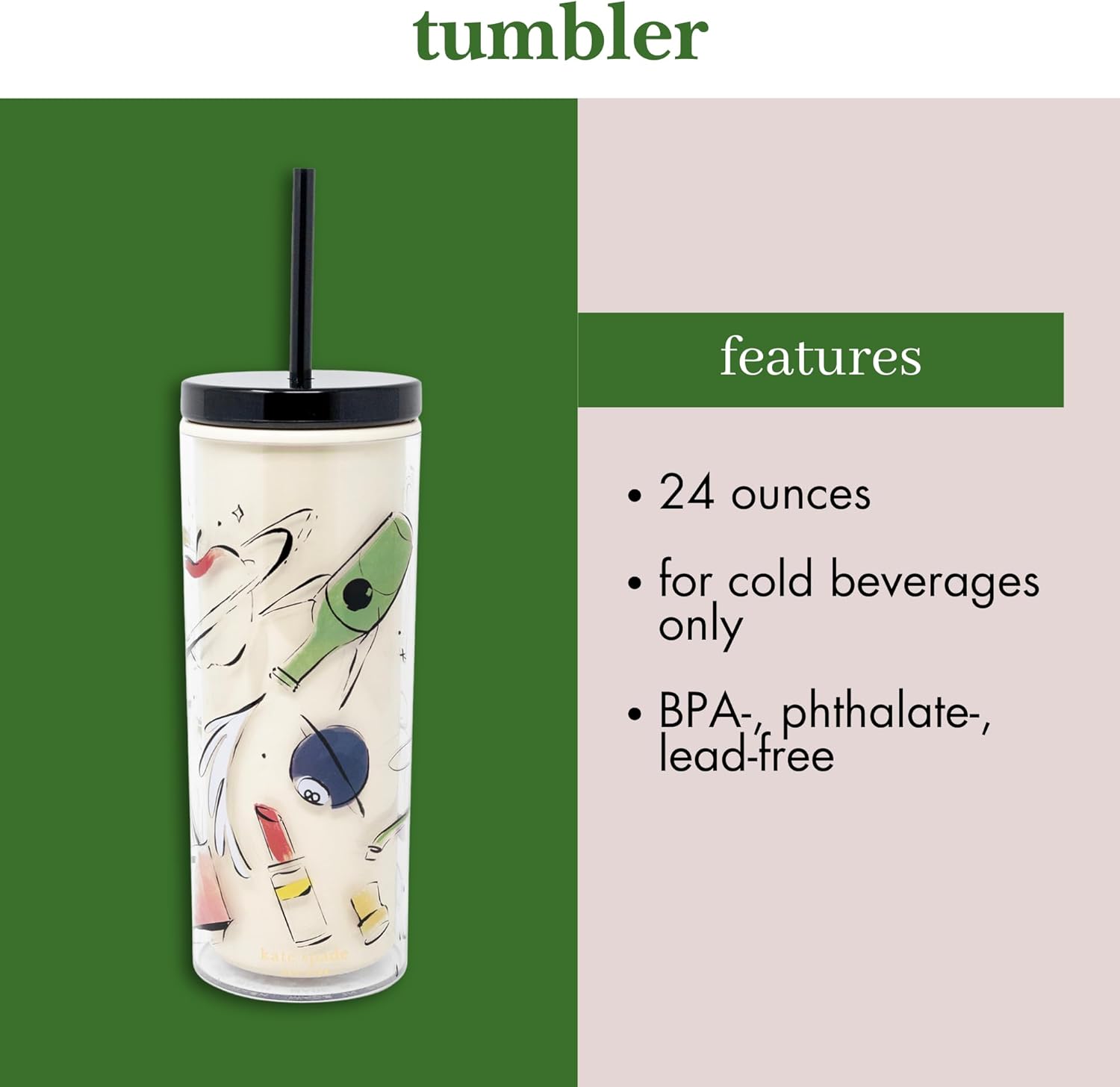 kate spade new york Acrylic Tumbler with Lid and Straw, 24 oz Tumbler, Slim Double Wall Tumbler (New York Dream) - Image 3