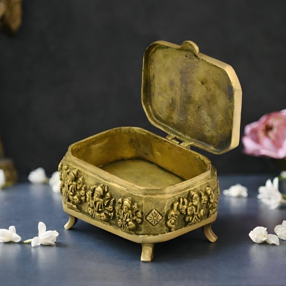 Tarang Arts Brass Ganesha Lakshmi Storage Box | Antique Finish Brass Box for Jewelry, Kumkum & Pooja Items | Decorative Hindu God Engraved Trinket Box | Home Décor & Festive Gift Item 2