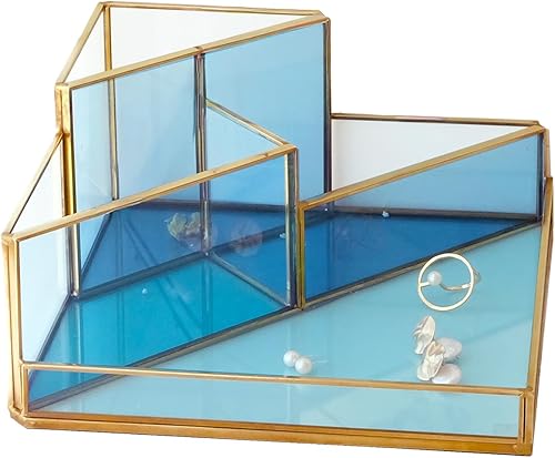 FONDAZZA Organizador de escritorio decorativo de 4 compartimentos para suministros de oficina en casa, latón dorado con vidrio teñido azul, tela FONDAZZA Organizador de escritorio decorativo de 4 compartimentos para suministros de oficina en casa, latón dorado con vidrio teñido azul, tela