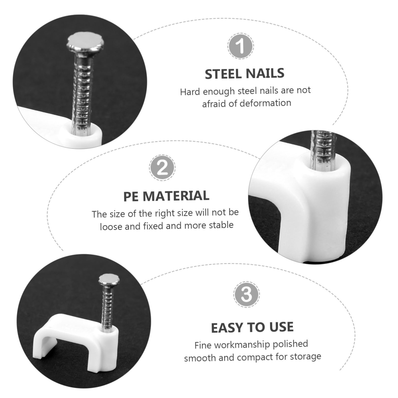 Kabelclip aus Kunststoff und Stahl mit Nagel Quadratische Kabelklemme 12mm Korrosionsbeständig und Isolierend für Büro und Zuhause 5 Packungen