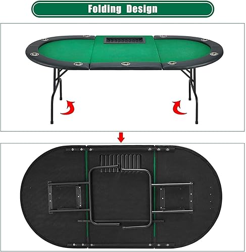 Miniatura 5 de ECOTOUGE Mesa de póquer con portavasos de acero inoxidable, mesa de ocio ovalada de casino, mesa de póquer Top Texas Hold'em para 10 jugadores con