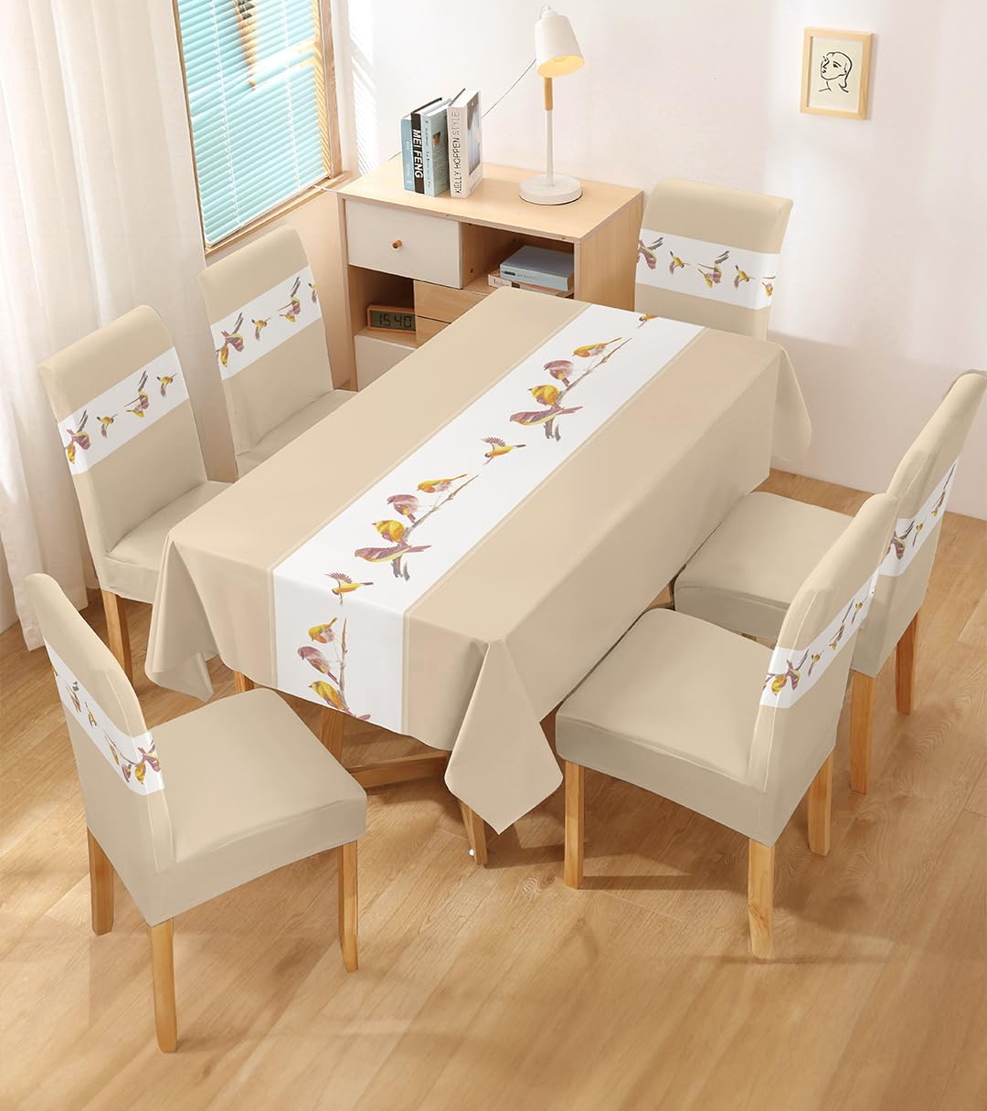 Styleys Dining Chair Cover with Table Covers for Kitchen Waterproof Dining Table Cloth (1 Table Cover + 6 Chair Cover, Beige Bird, K731) (B0DH55VMMD) Amazon Price History, Amazon Price Tracker