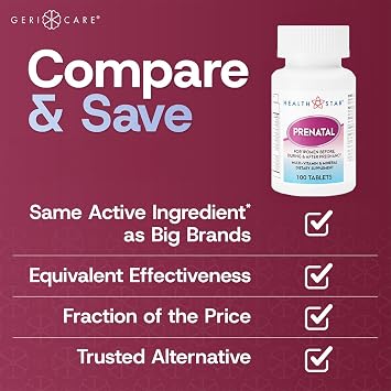 Prenatal Multivitamin by HealthStar for Healthy Mom and Baby - Folate + Vitamin C + Vitamin D + Iron + Calcium + B12 - 100 tablets