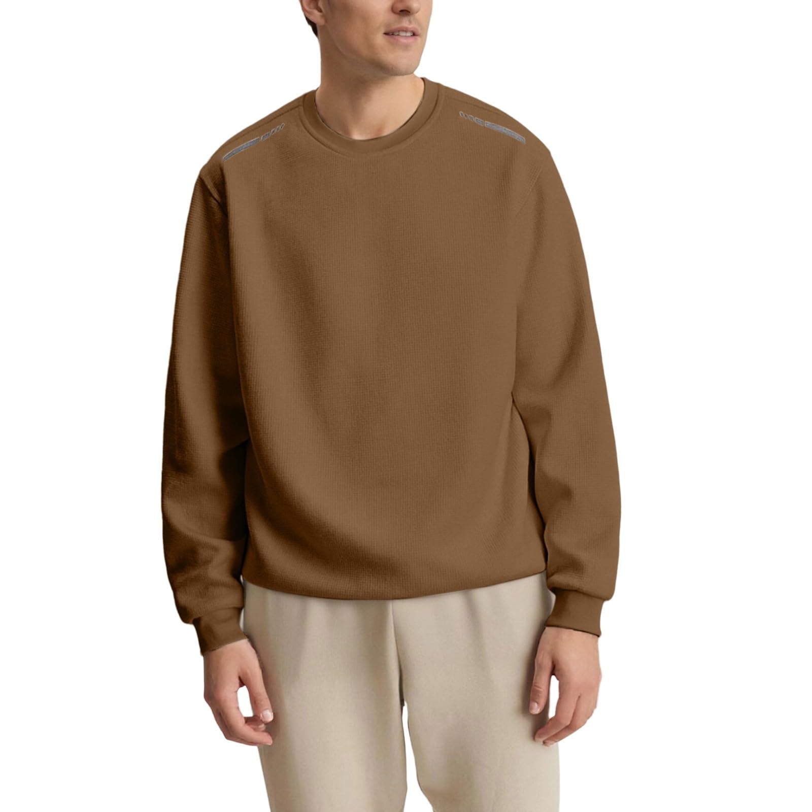 DENGJIAMY Sweat-shirt gaufré classique basique à col rond pour homme