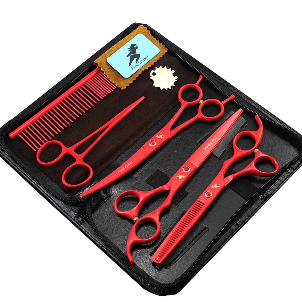 QZH Juego de Tijeras de Aseo para Mascotas de 7.0 Pulgadas, Corte de Pelo de Peluquero Profesional de Acero Inoxidable para Perros y Gatos, Tijeras de Adelgazamiento Rectas, Peine de a