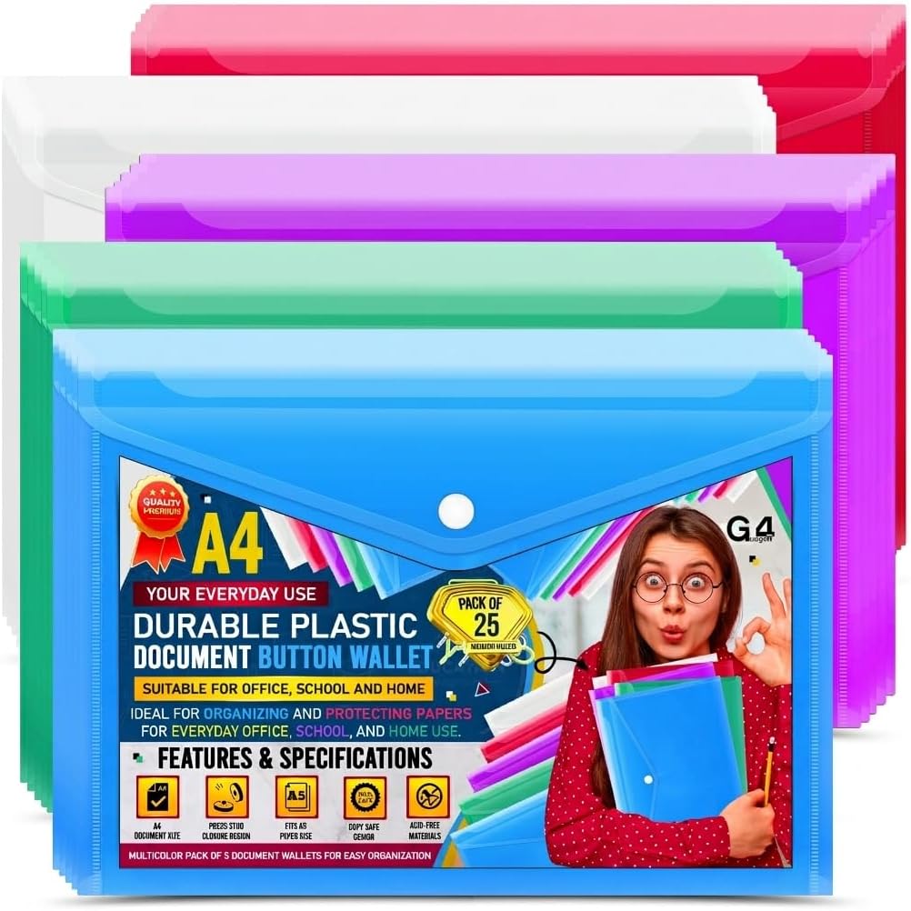 25 A4 / Foolscap Bright Transparent Popper Wallet/Paper Wallets - Assorted Colours