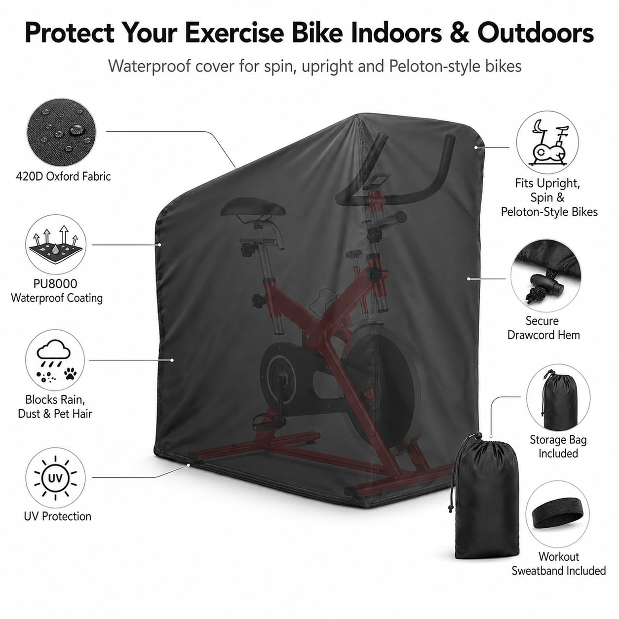 Katai - Funda para bicicleta estática para interior y exterior, impermeable, para bicicleta vertical, spin, peloton, con bolsa