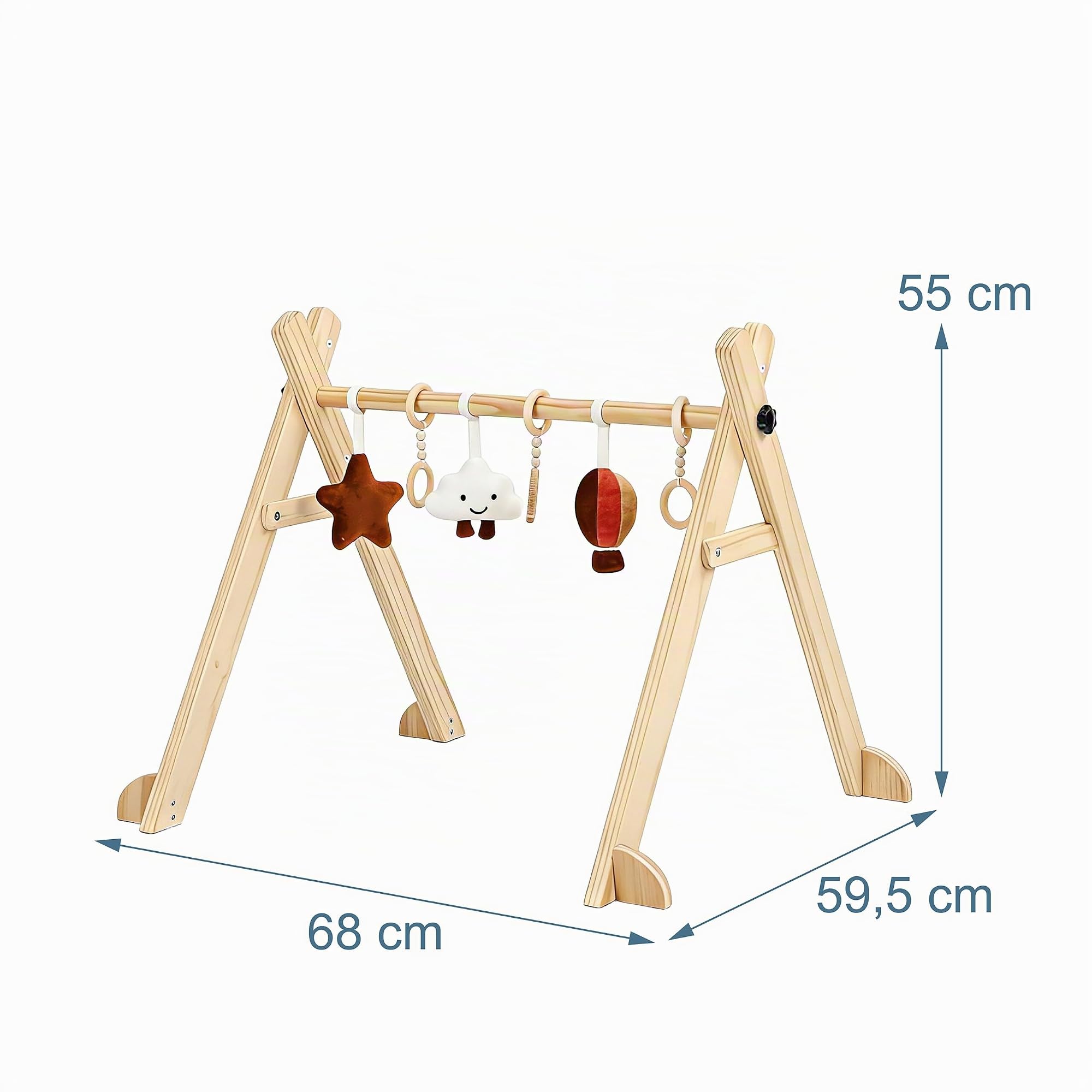 Relaxdays arco de juegos madera, 6 colgantes extraíbles, natural | 55 x 68 x 59,5 cm, fomenta motricidad, Baby gym